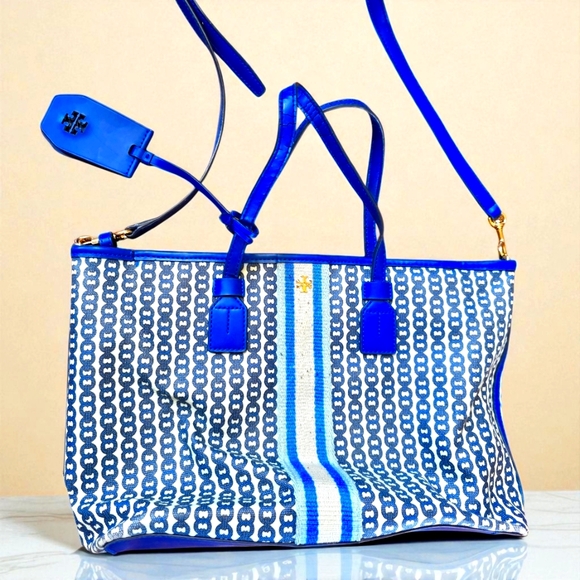 Tory Burch Handbags - Tory Burch Chic Blue and White Monogram Leather Racer Stripe Bag
